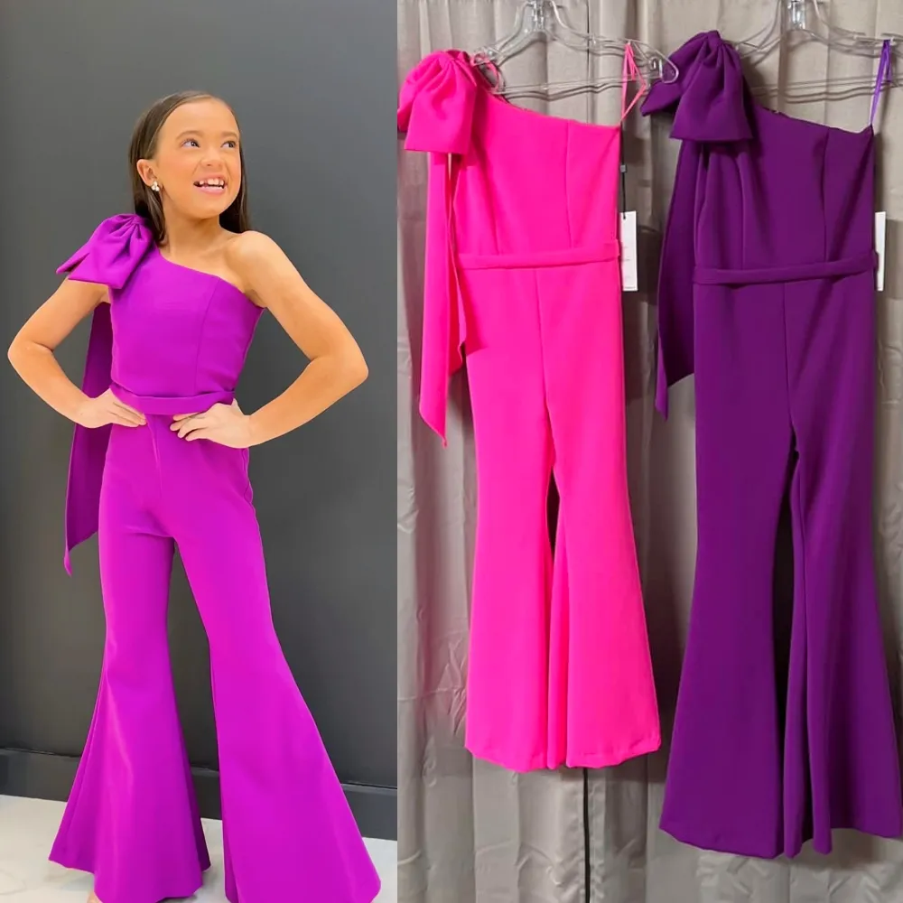 Macacões até o chão vestido florista desempenho concurso 2024 um ombro júnior lindo vestido de formatura chiffon com laço divertido moda sino flare calças rosa choque roxo