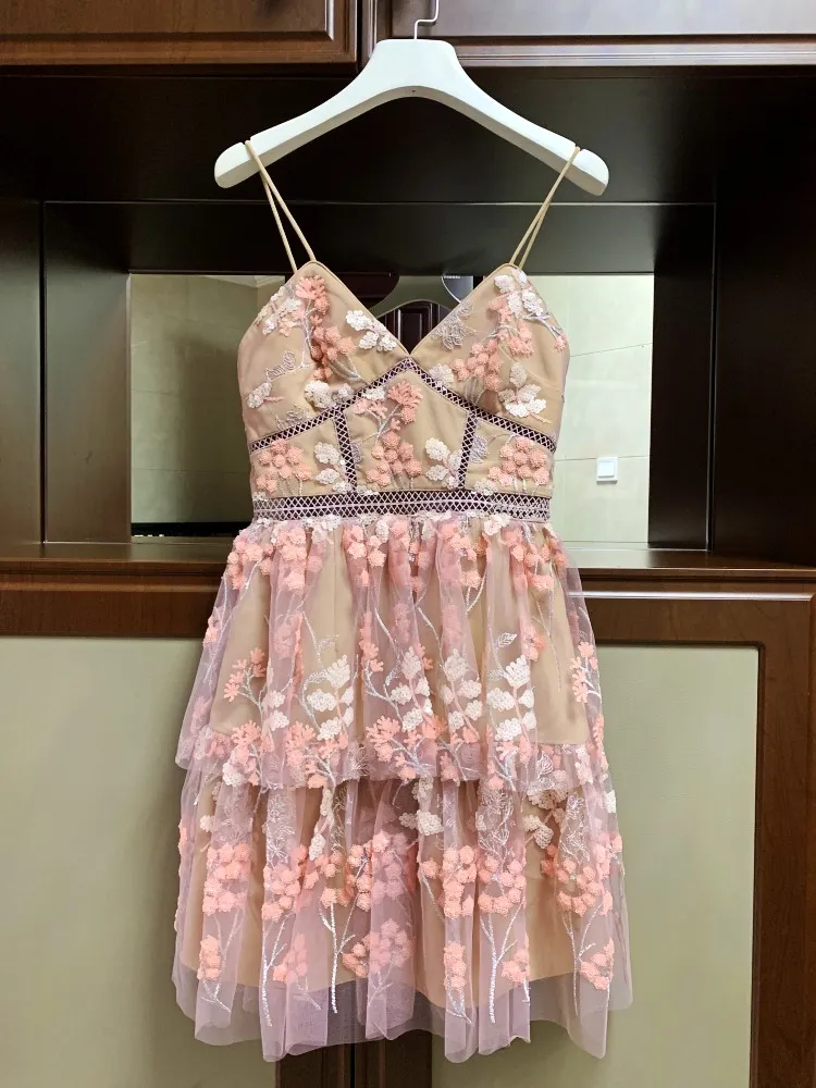Self Portrait Cherry Blossom Pink Mesh Embroidery High Waist Slim Fit  Suspender Short Dress From Shunlifacai669, $73.44 In Bulk | DHgate.Com