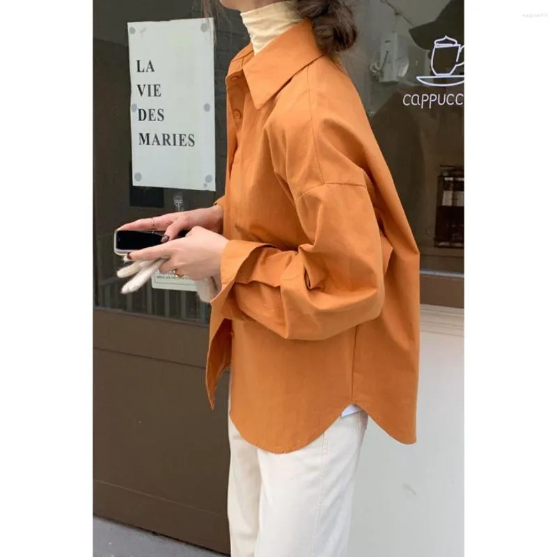 Women's Blouses 2023 White Orange Shirt Design Sense Small Solid Color Versatile Loose Casual Polo Long Sleeve Top Autumn