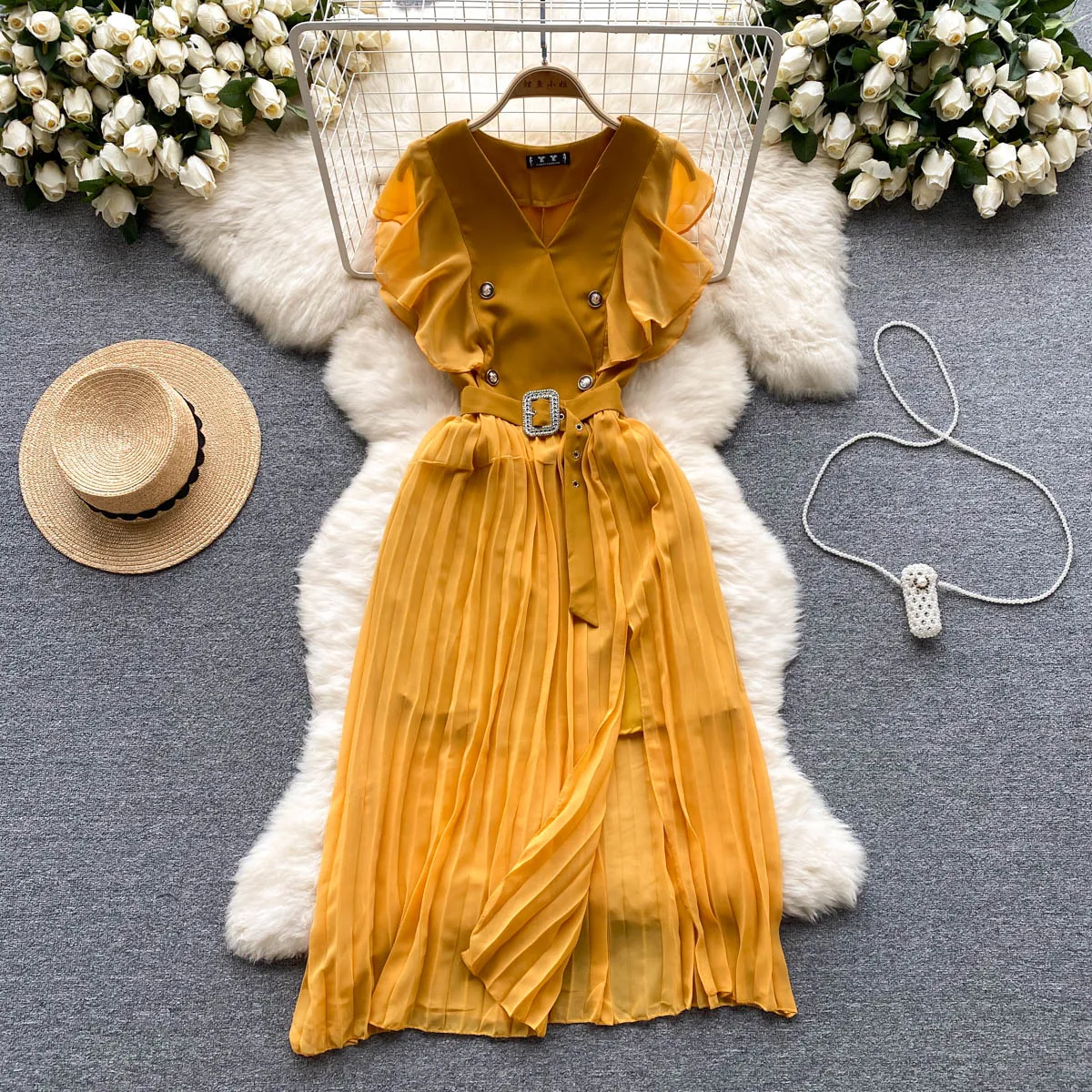 casual chiffon dresses short Women's Flowy Chiffon Dresses Summer Smocked V Neck Flutter Short Sleeve Ruffle Casual Mini Dress