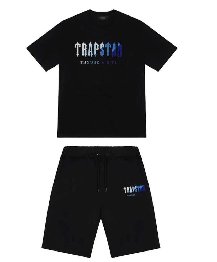 メンズ Trapstar Tシャツ半袖プリント衣装シェニール トラックスーツ ブラック コットン ロンドン ストリートウェア高度なデザイン 542ess