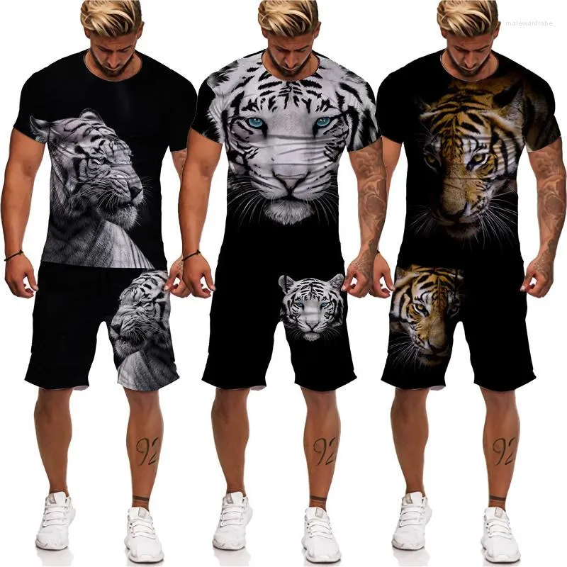 Träningsoveraller för män Summer Tiger 3D-tryckta T-shirts för män Shorts Kostym Joggingset Coola djurmönster par outfits Tvådelad simning