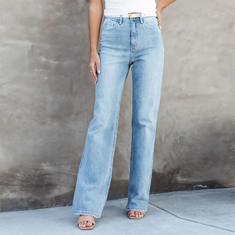 Jeans donna elasticizzati blu vita alta gamba larga larga streetwear jeans mamma lavati moda vintage dritti
