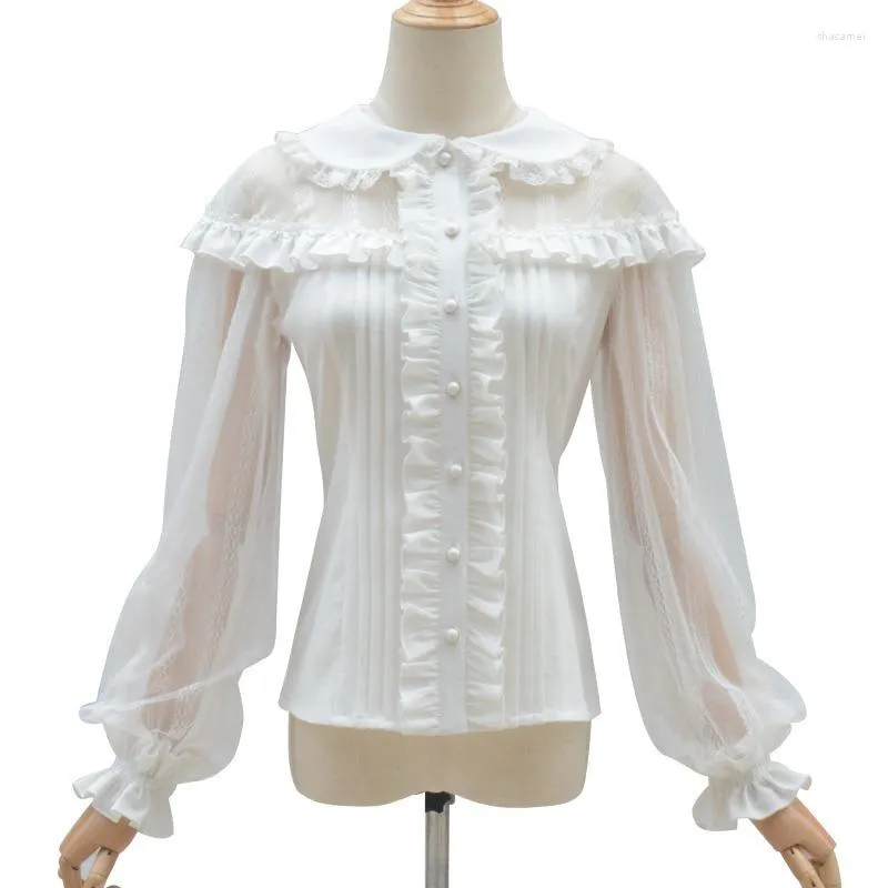 Women's Blouses Mesh Lolita Shirt Long Sleeves Ruched Pleated Blouse Button Up Women Summer Slim Tops Lace Elegant For Girls White Black