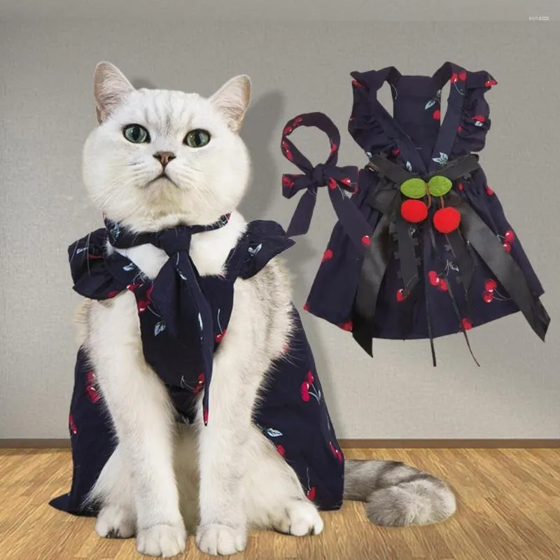 Dog Apparel Summer Dress 1 Set Pet Skirt Fur Ball Decoration Adorable Bowknot Cherry Print Cat With Necktie Supplies