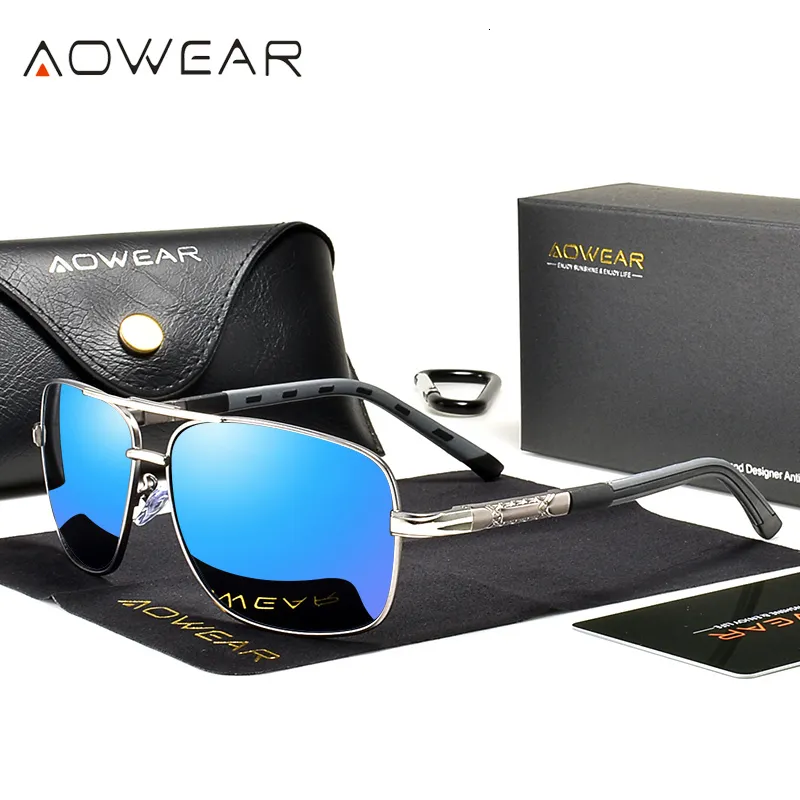 Lunettes de soleil AOWEAR luxe carré polarisé pour hommes femmes Vintage bleu miroir lunettes de soleil mode aluminium nuances lunettes de soleil Gafas 230707