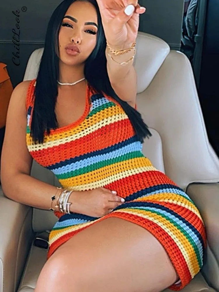 Urban Sexy Dresses Knitted Rainbow Patchwork Women Mini Dress Casual O-Neck Sleeveless With Holes Skinny Dresses Female Trend Bodycon Streetwear 230707