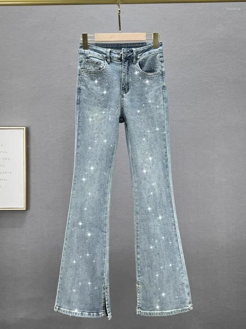 Jeans feminino moda na primavera de 2023 cintura alta emagrecimento trabalho pesado engomadoria calças micro-bottom