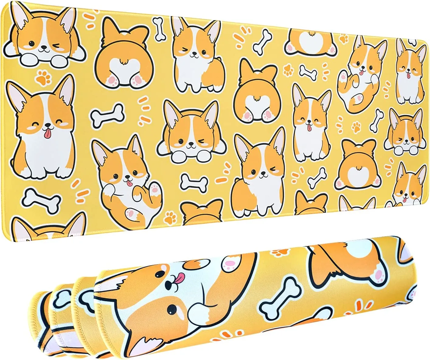 Kawaii Corgi-Gaming-Mauspad für den Schreibtisch, erweitertes großes Corgi-Hund-Mauspad, orangefarbenes Mousepad, XL 31,5 x 11,8 Zoll