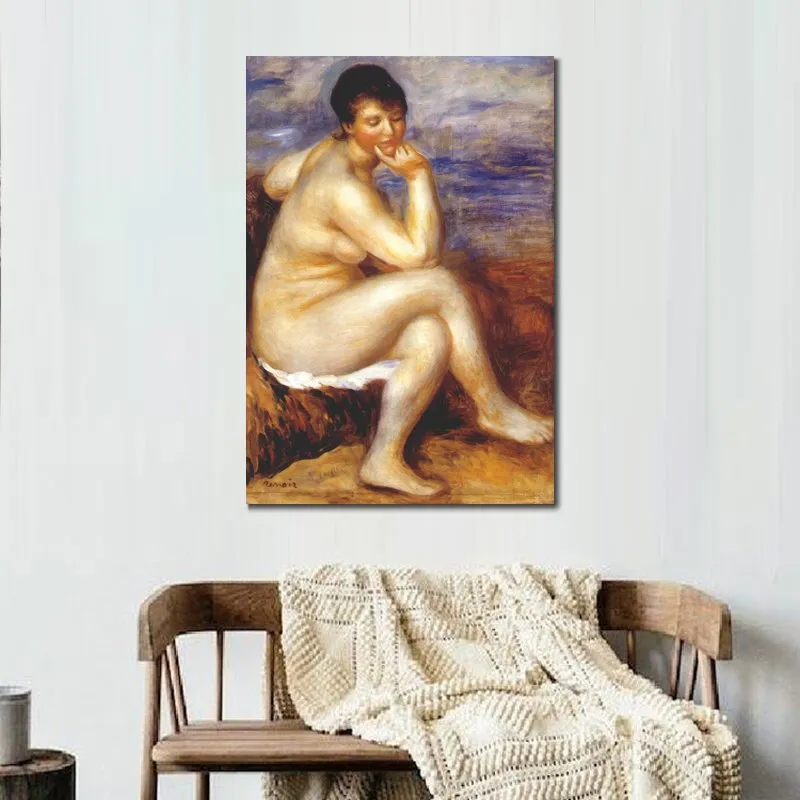 Handgemaakte kunstwerken canvas schilderijen van Pierre Auguste Renoir Bather met een Rock Modern Art Kitchen Room Decor