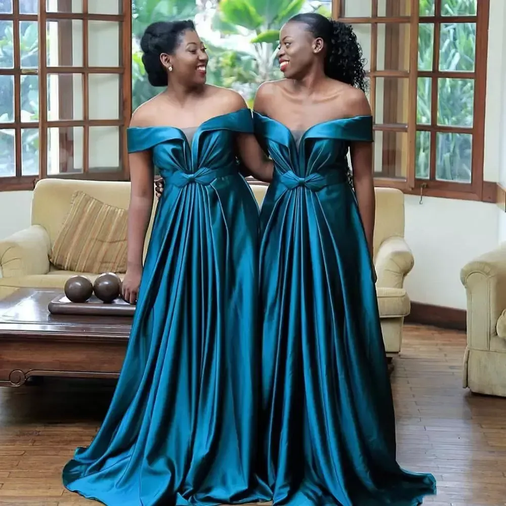 South African Satin Bridesmaid Dresses Off the Shoulder A Line Sweetheart Floor Length Wedding Guest Dresses Formal Party Wears BM1904