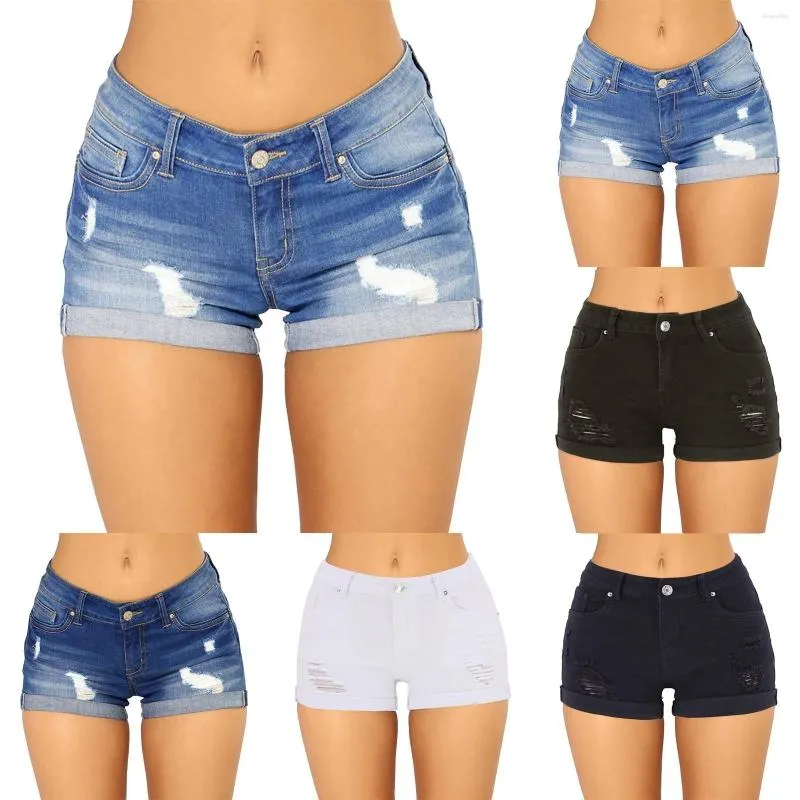 Aktiva shorts för kvinnor Lågväxt slitna stretchiga jeans med manschett nederkant Casual Denim Höga byxor för kvinnor