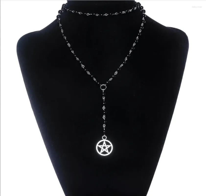 Anhänger Halsketten Gothic Okkult Rosenkranz Onyx Perlenkette mit Pentagramm // Echter Edelstein Satanische Hexerei Lef