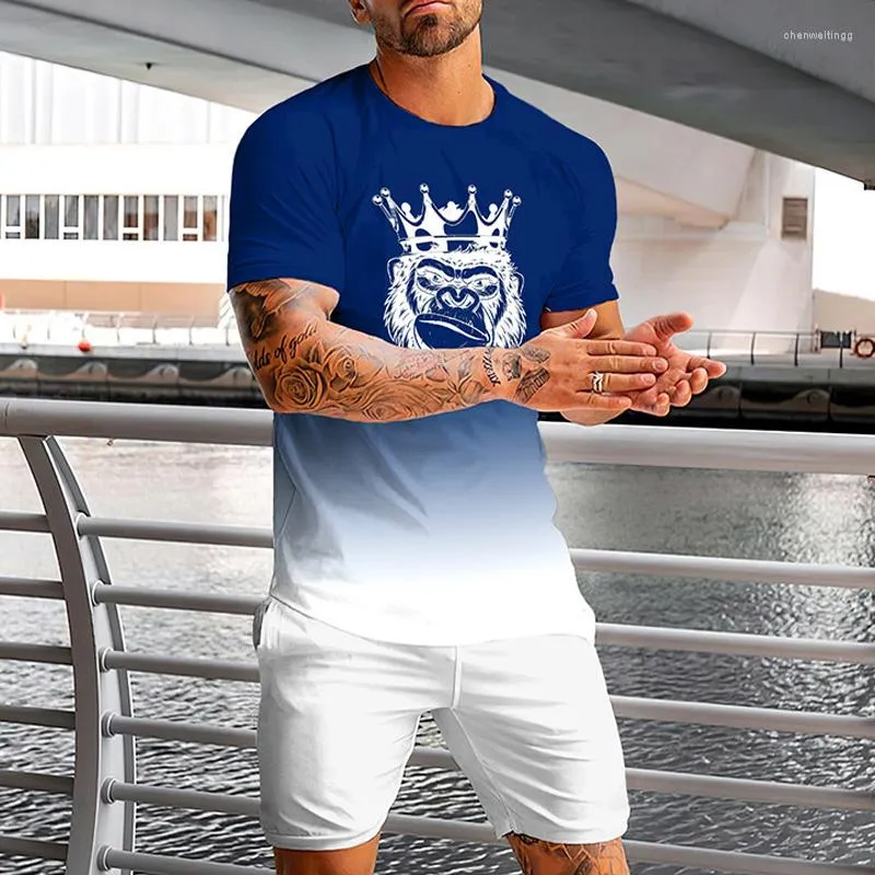 メンズジャージスモーク Tシャツセット男性ショーツ夏のスポーツ Tシャツ衣装オランウータンプリント 2 ピーススーツレトロ遊び着セット