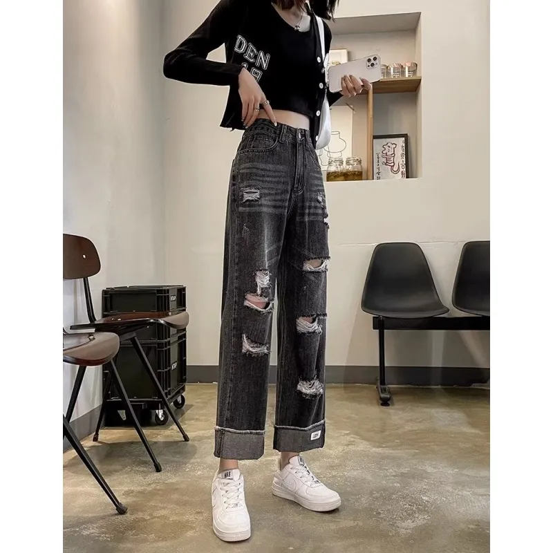 Black High Waist Women jeans logoro American Streetwear Gamba larga gamba pantalone femmina dritta denim largo