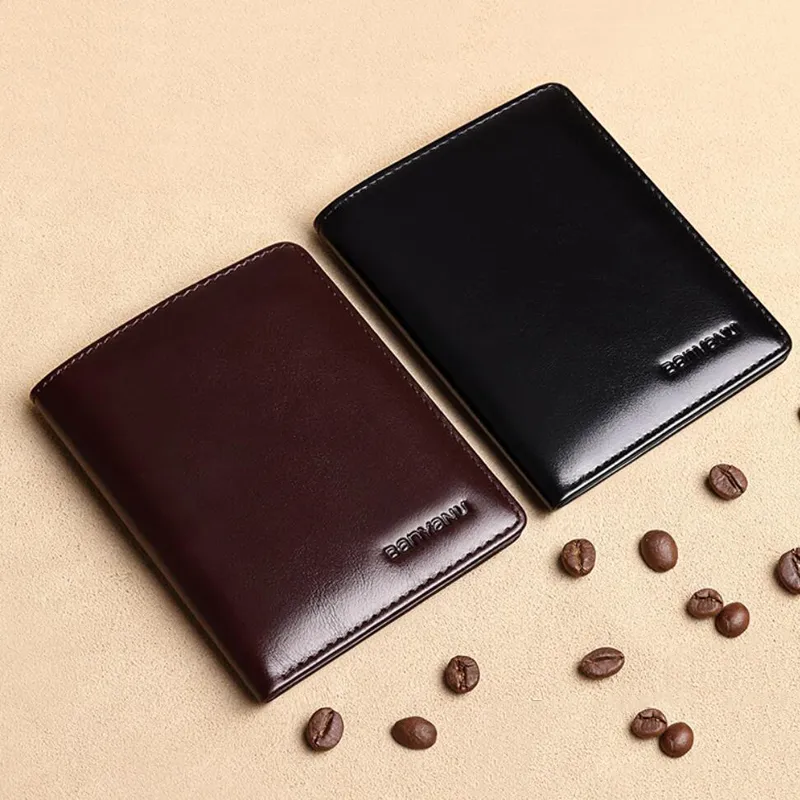 Prawdziwy skórzany portfel Rfid dla mężczyzn Slim pionowy portfel Vintage cienki krótki identyfikator etui na karty kredytowe minimalistyczny portfel Bifold
