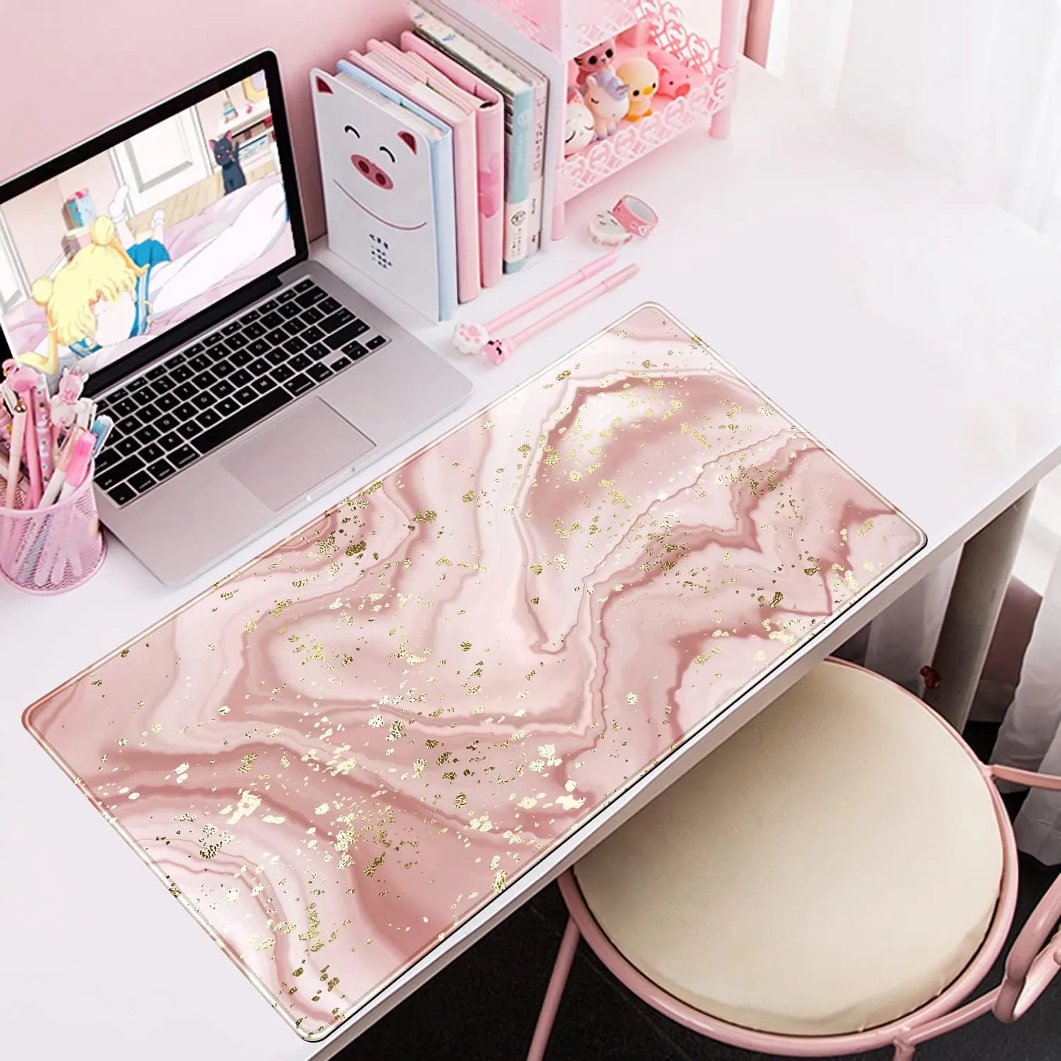 Tapis de bureau rose or rose mignon tapis de bureau Kawaii tapis de souris tapis de souris très grand décor avec bords cousus base antidérapante 35,4 x 15,7 po