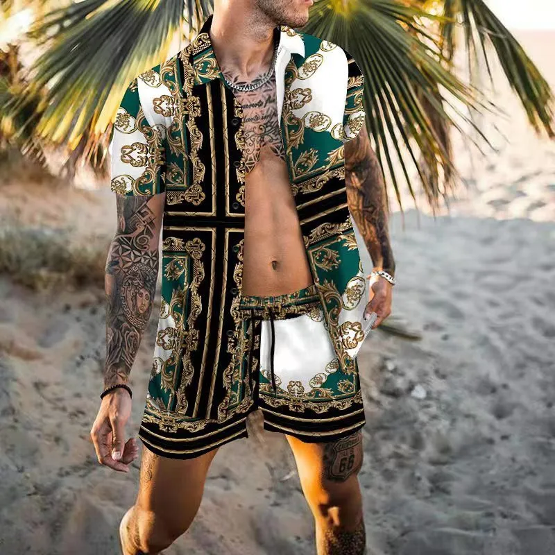 Suisses de route pour hommes Style national Summer Hawaiian Costume à manches courtes bouton imprimé Shirt Shorts Street Casual 2 Pieces 230707