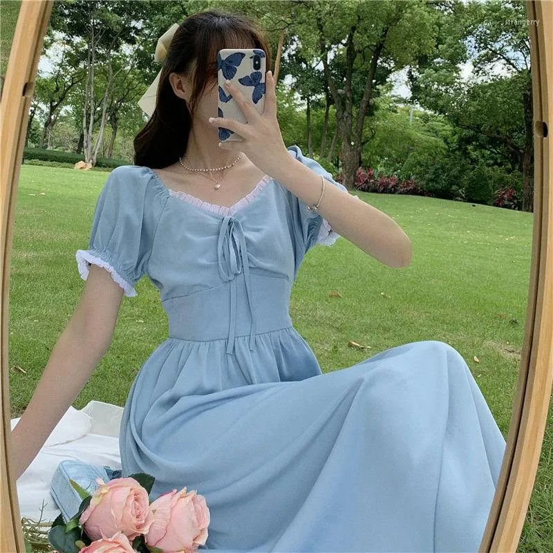 Feestjurken Vrouwen Meisje Blauw Midi Jurk Koreaanse Mode Kleding Voor Zomer Vintage Y2k Cottagecore Kleding Lange Elegante Avond