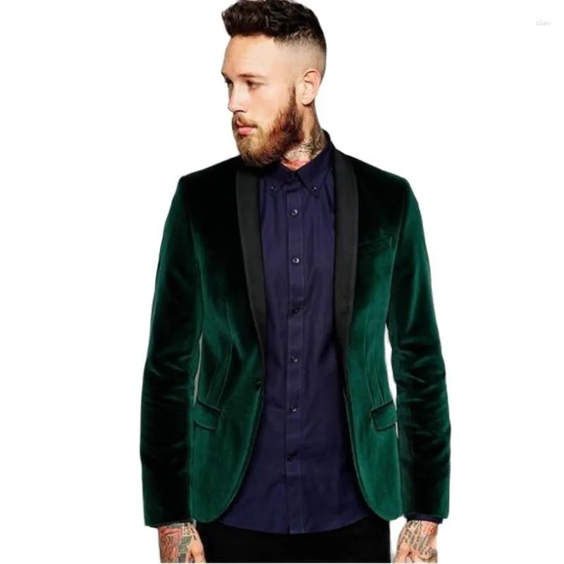 Ternos masculinos jaqueta de veludo verde xale preto lapela noivo blazer calças roupas masculinas homem roupas de casamento 2 pçs conjuntos casaco calças roupa