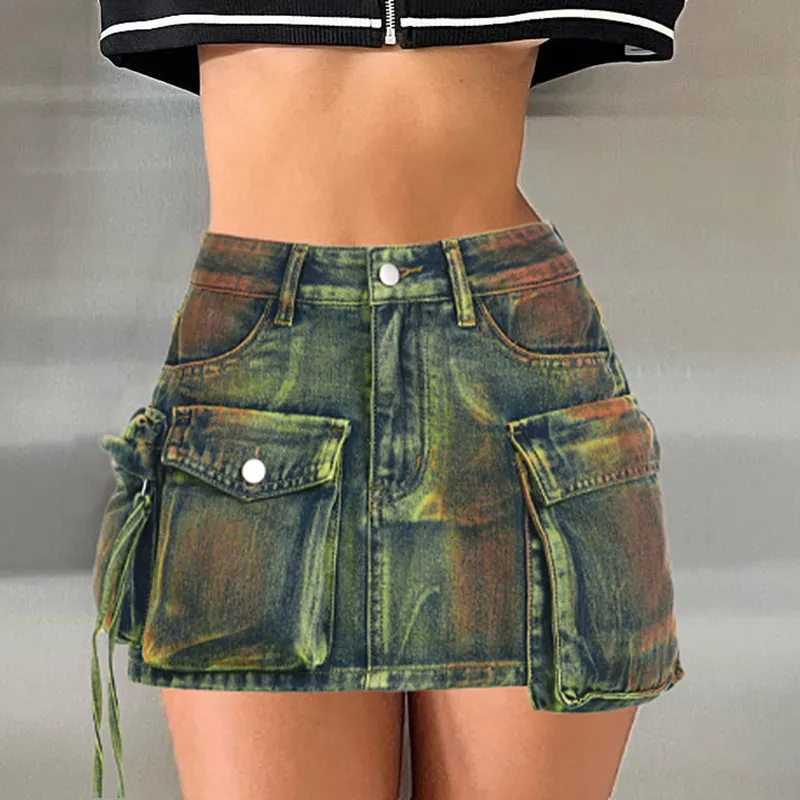 Skirts Vintage Tie Dye Print Cargo Mini Denim Women Fashion Multi Pocket Mid Waist Button Fly Casual Jeans Bottom Y2K Streetwear 230707