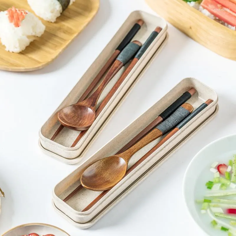 Dinnerware Sets Three-piece Set Deepening Levelling Wooden Spoon Chopsticks With Storage Box Kitchen Hand Polished Cutlery