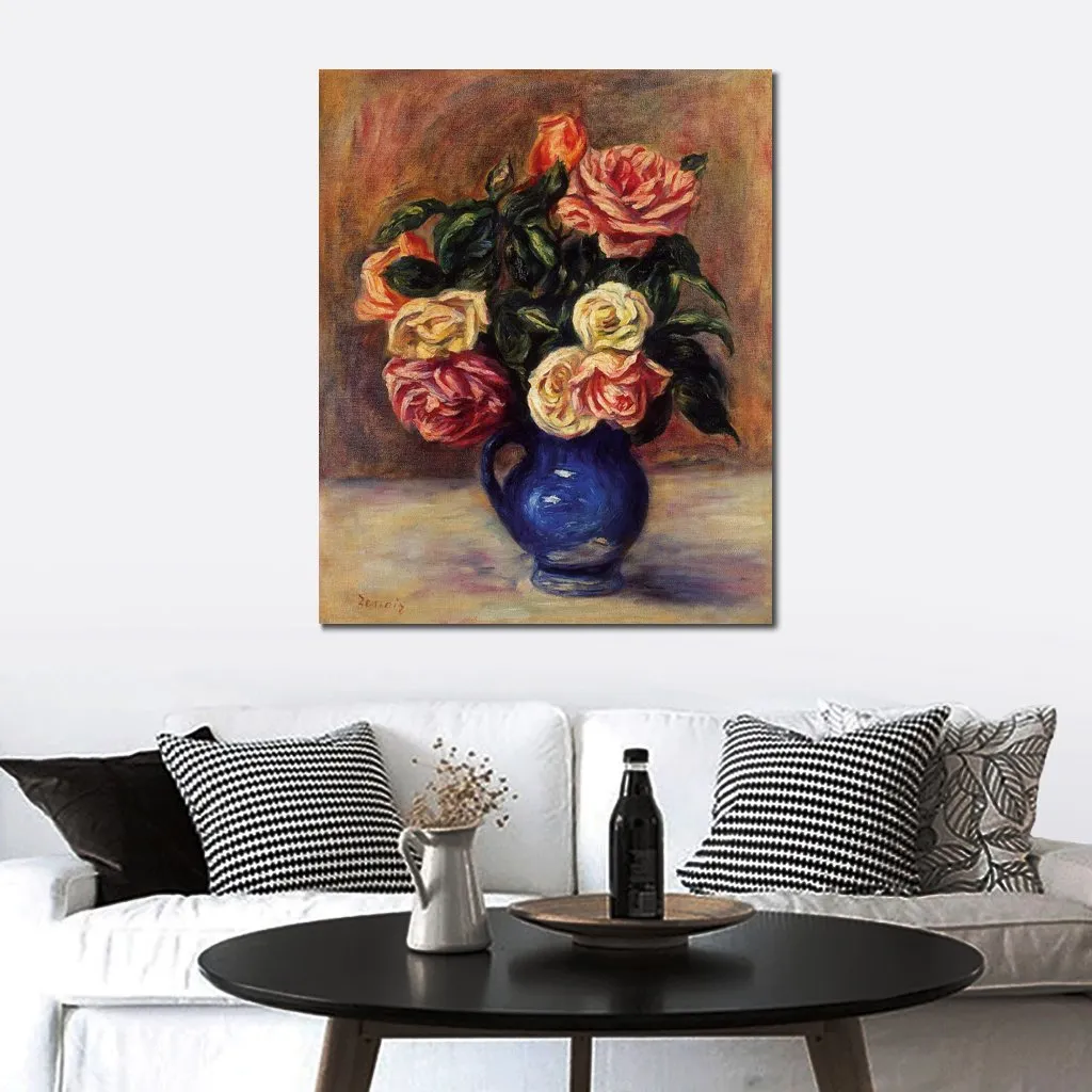 Moderne Nature Morte Toile Mur Art Roses dans Un Vase Bleu Pierre Auguste Renoir Peintures À La Main De Haute Qualité