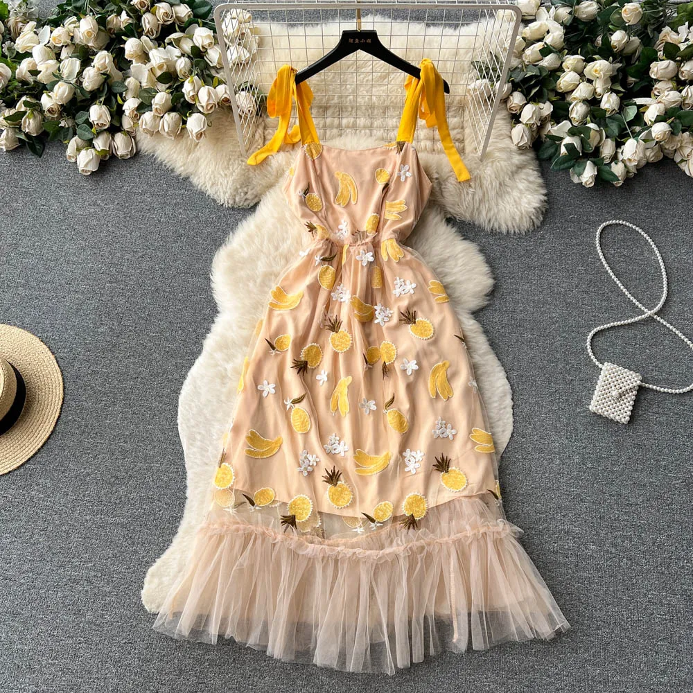 Basic Casual Dresses Sexy Sweet French Vintage Yellow Bandeau Dress Women's New Fashion Summer Sequin Mesh Embroidery Party Clothes Vestidos 2023