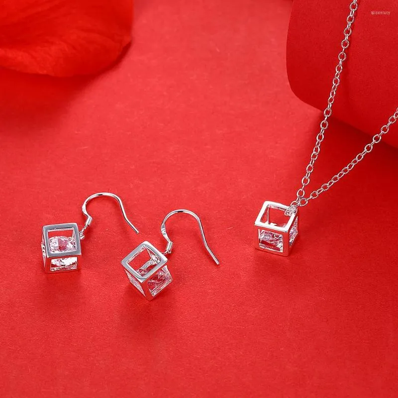 Necklace Earrings Set 925 Stamp Silver Color Fine Crystal Lattice Pendant For Woman Fashion Party Wedding Gifts