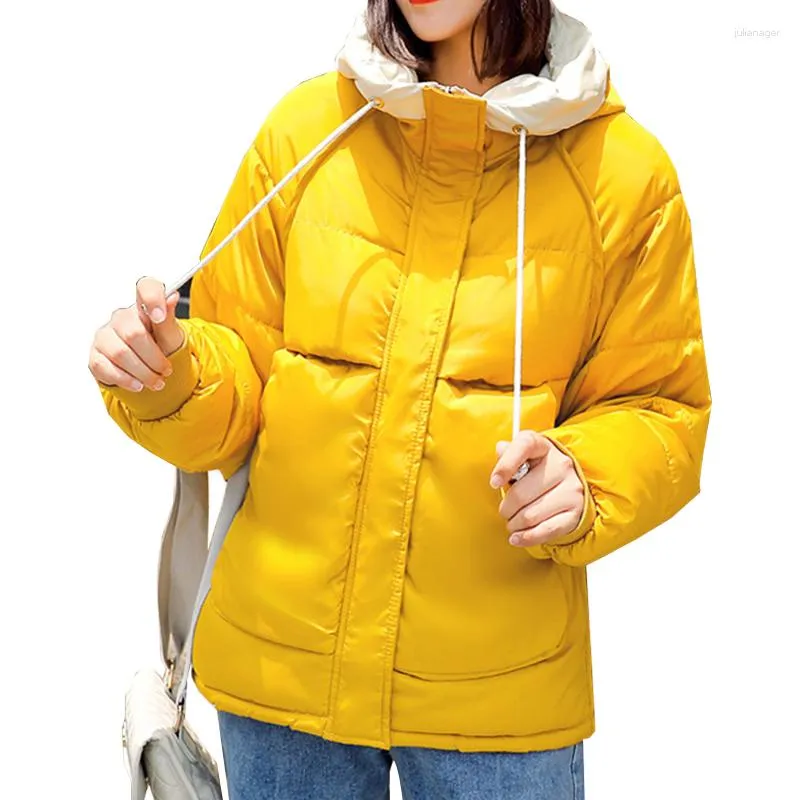 Trench-Coats Femme Veste D'hiver Femme À Capuche Chaud Coton Épais Femme Lâche Vert Rose Beige Noir Jaune Basique Manteau Court Parka Vestes