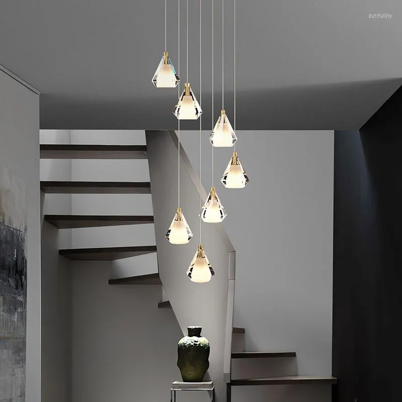 Luminárias pendentes modernas, simples, de luz, luxuosas, cristal, cobre, criativo, loft, lustre longo, giratório, após as escadas