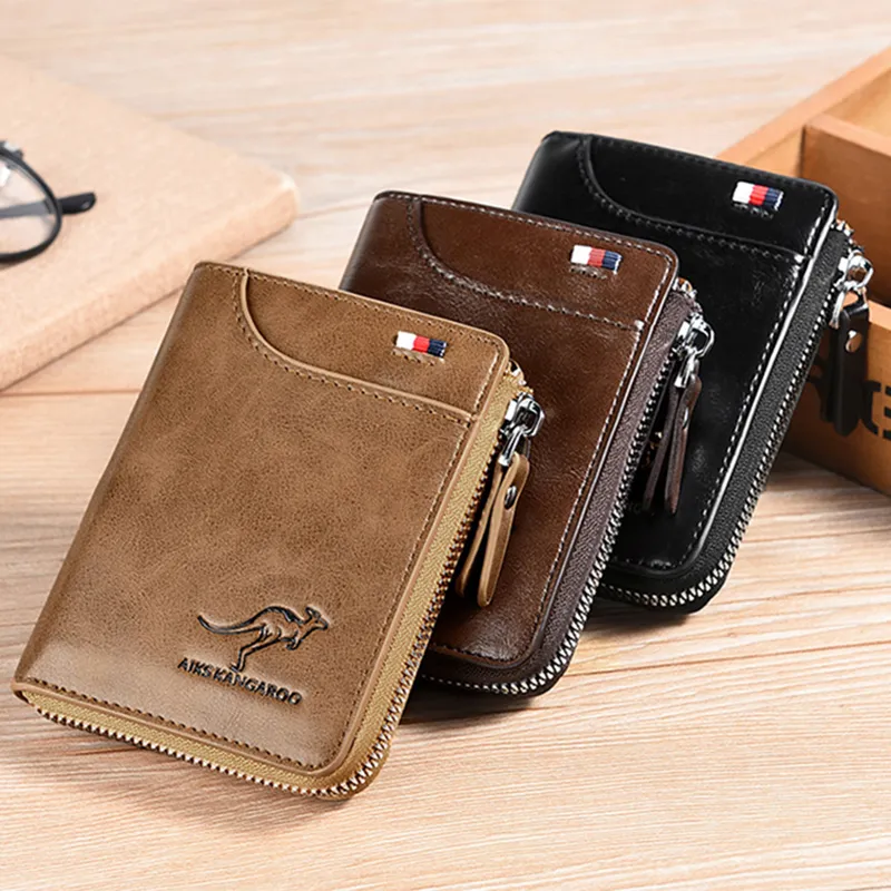 Mens Wallet Leather Business Card Holder Zipper Purse Luxury Wallets for Men RFID Protection Purses Carteira Masculina Luxury