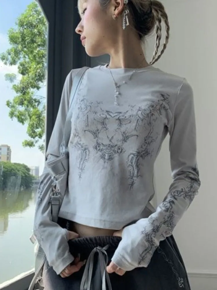 T-shirt femme Y2K T-shirts Femme Vintage O-cou Tee Dames Manches Longues Grunge Imprimer Casual Crop Tops Femme Graphique Japonais Streetwear 230707