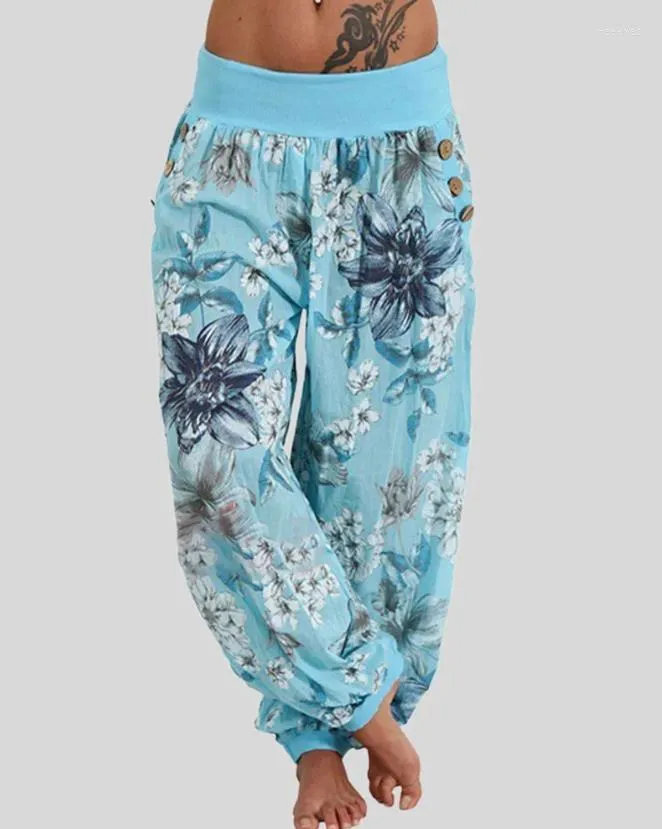 Pantalon femme décontracté pantalon à revers mode d'été 2023 poche imprimé fleuri bouton décor femme vacances taille basse