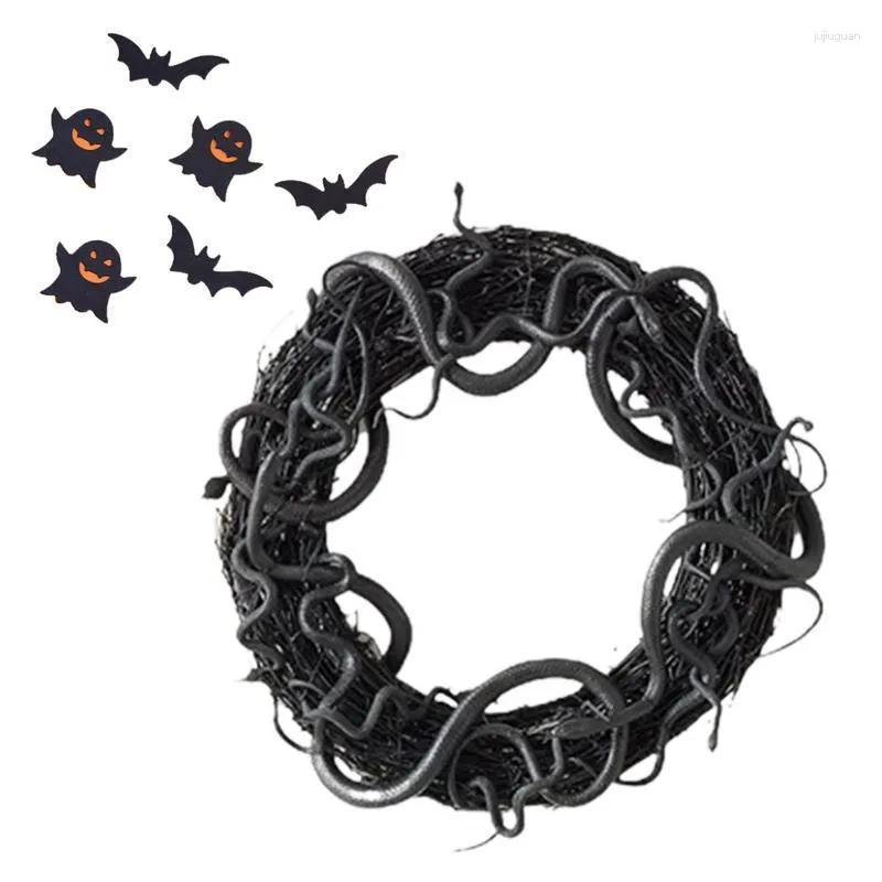 Fleurs décoratives Halloween Couronne de porte Couronnes de serpent noir suspendues accrochées devant la chambre de la cour