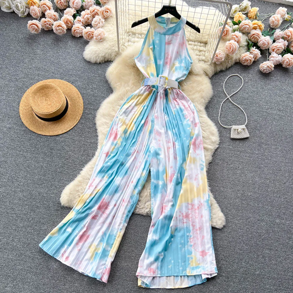 Summer Vintage Women's Two Piece Pants Jumpsuits Elegant Notched Collar Short Sleeve Wide Leg Romper Female Beige/Green/Red Jumpsuits With Sashes 2023