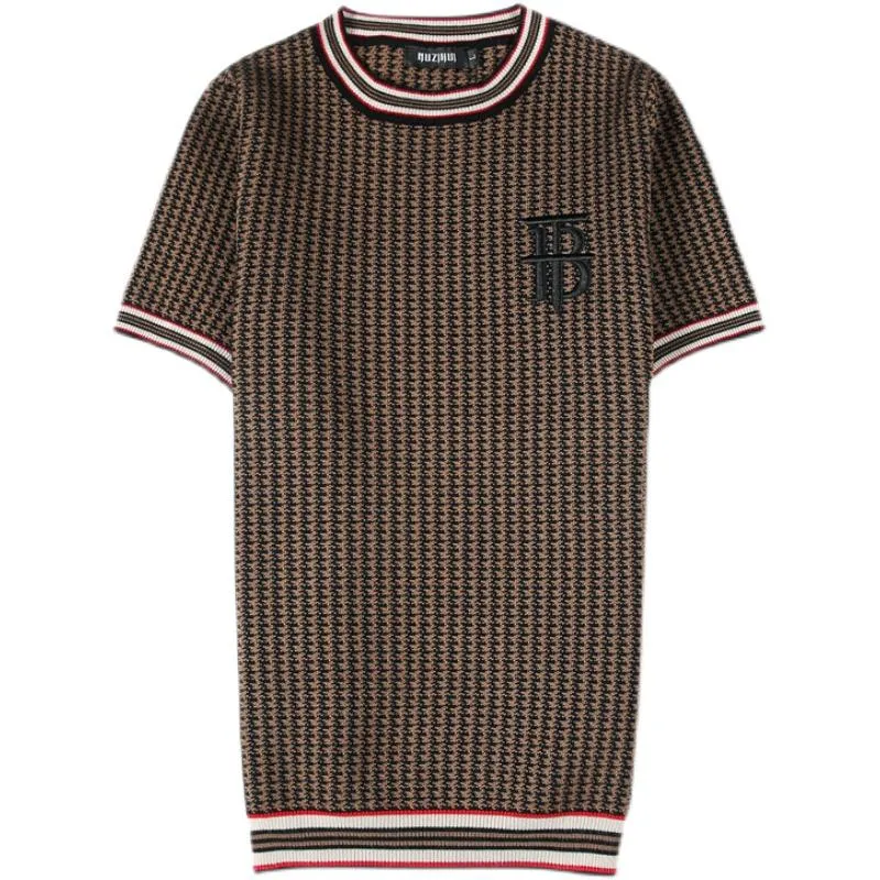 Calças estilo britânico houndstooth xadrez de malha camiseta masculina verão manga curta fino ajuste em torno do pescoço masculino bordado camiseta 4xlm