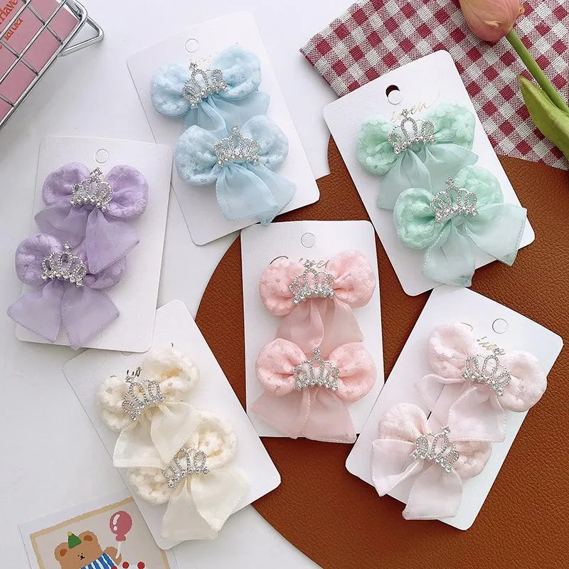 Haaraccessoires 1 paar Koreaanse Sweet Girl Princess Fabric Mesh Ribbon Bow Clip Fashion Children's Strass Crown Haarspelden Hoofddeksels