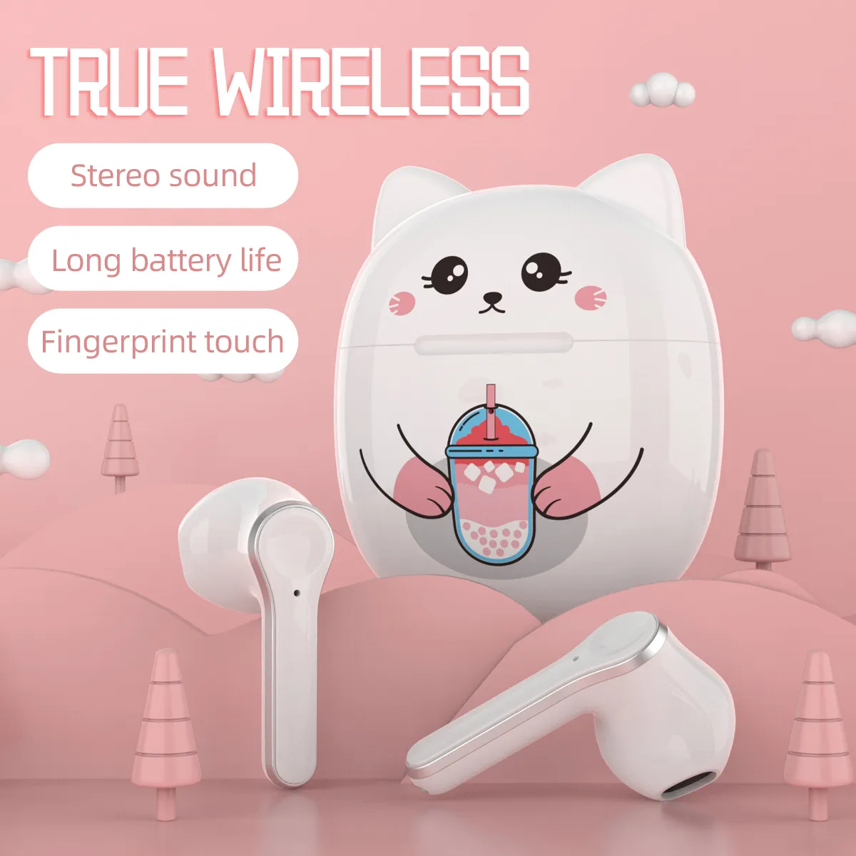 T18a draadloze Bluetooth-headset schattige kat twee-oor muziek oordopje oortje met oplaadetui hoofdtelefoon pak voor smartphone mobiele telefoon meisjes hoofdtelefoon
