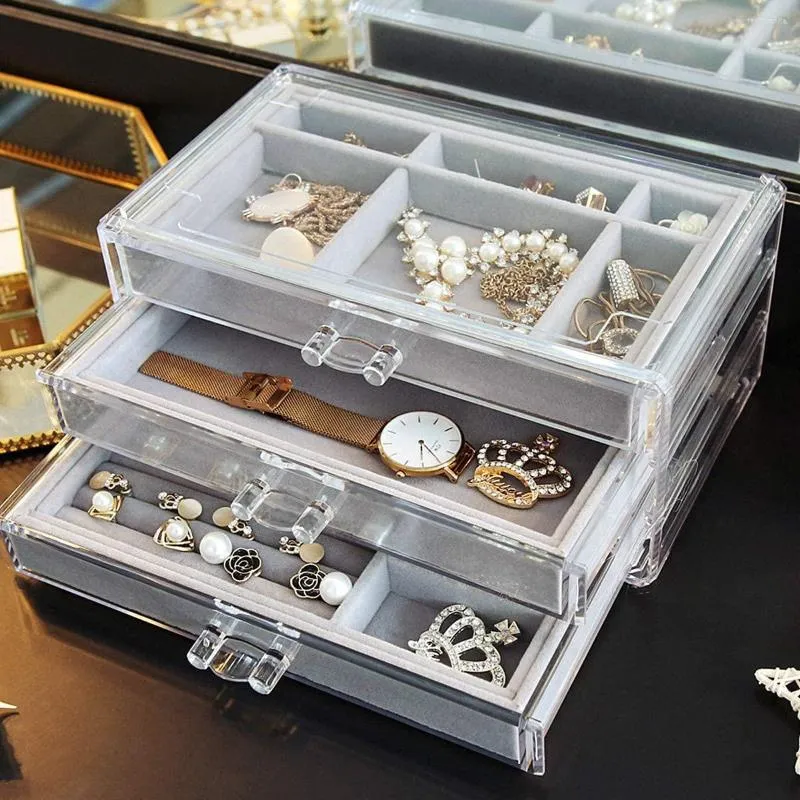 Pochettes à bijoux Boîte de rangement à trois tiroirs en acrylique Boucles d'oreilles Tri multi-cellules Classification transparente