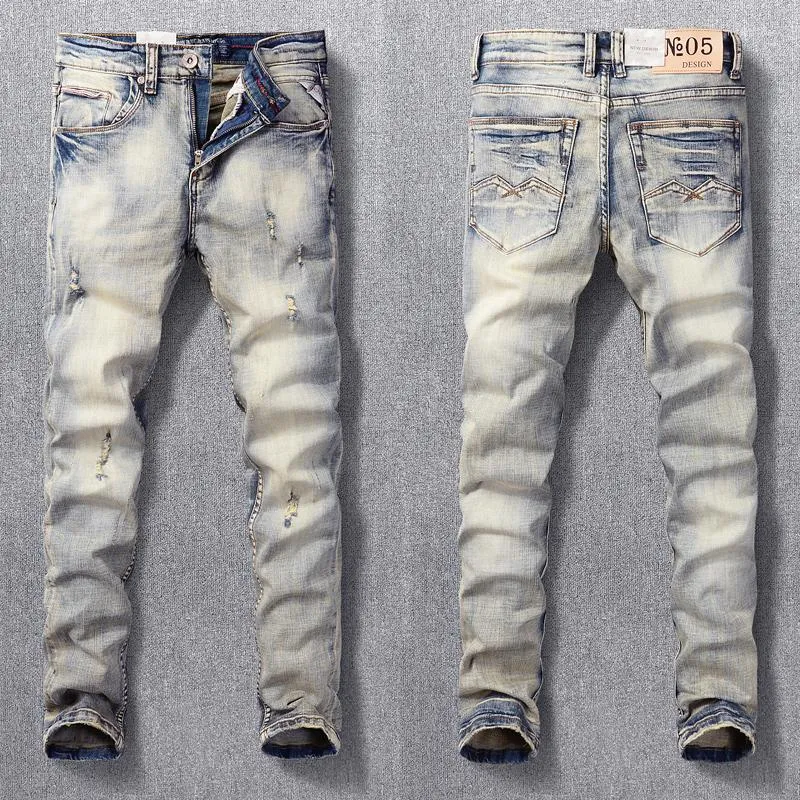 Jeans da uomo Streetwear Moda Uomo Retro Giallo Blu Elastico Slim Strappato Designer vintage Pantaloni casual in denim elasticizzato Hombre