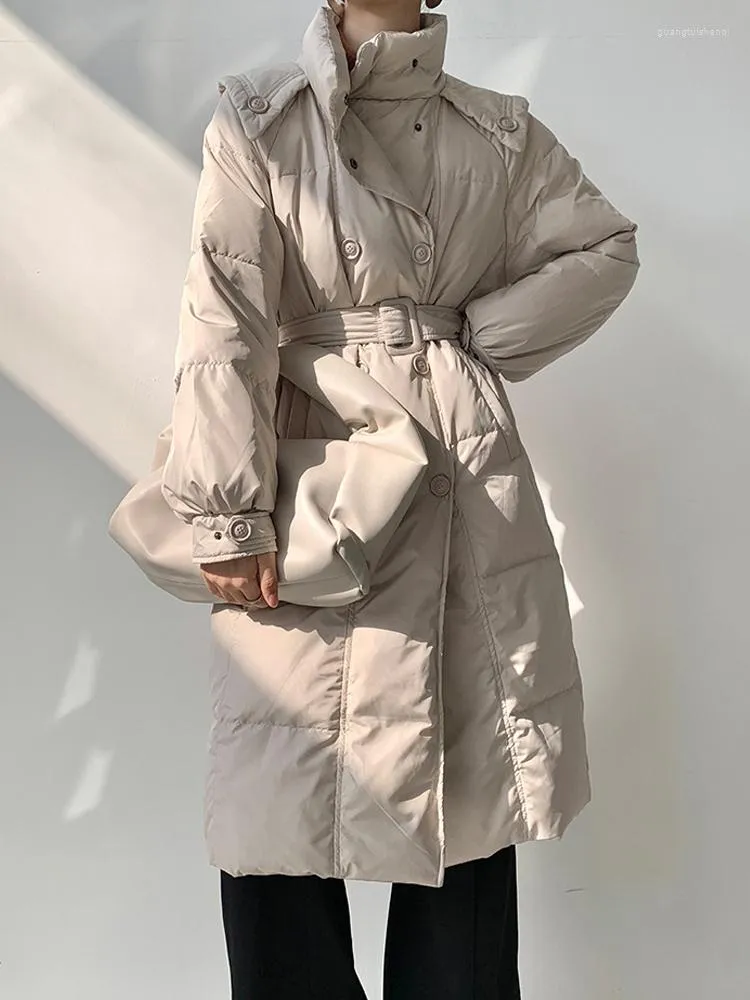 Trenchcoats voor dames CamKemsey Stijlvol Matroos Opstaande kraag Winter Volledige mouw Dubbele rij knopen Witte eendendons Gewatteerd Slanke taille Lang