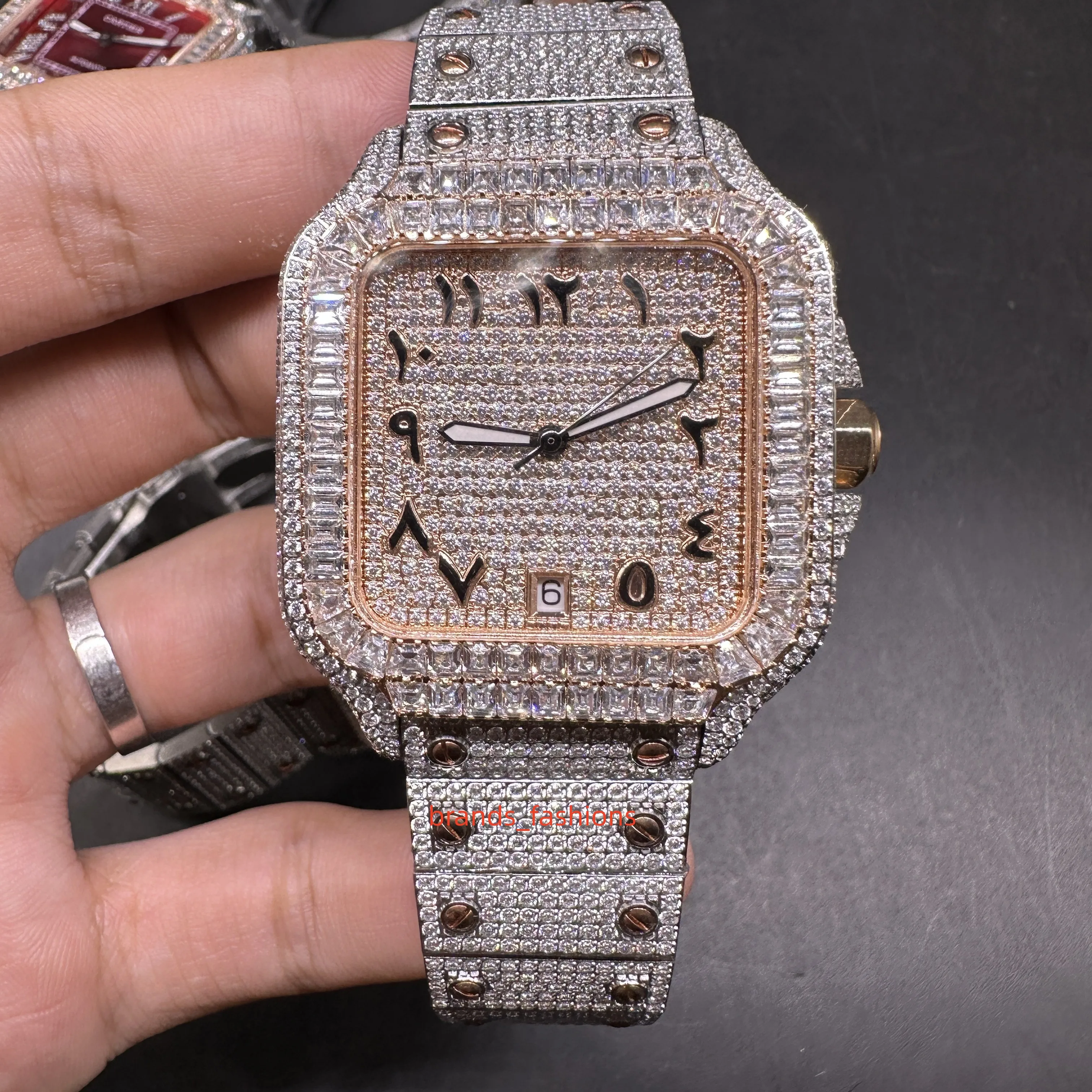 Męskie zegarki z mrożonym diamentem cyfry arabskie skala kwadratowy diament Bezel 2 tony różowe złoto nowy Trend zegarek hip-hopowy zegarki z mechanizmem automatycznym