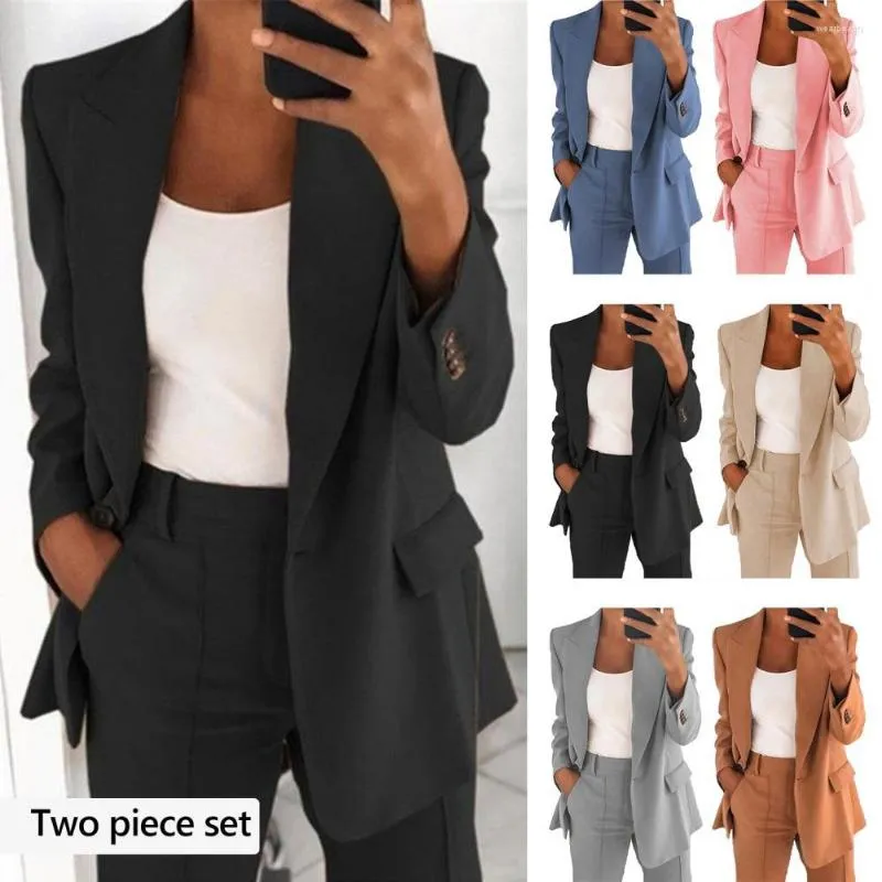 Two Piece Dress 2Pcs/Set Women Lapel Long Sleeve Blazer High Waist Straight Wide Leg Pants Set One Button Pockets Solid Color Work Suit