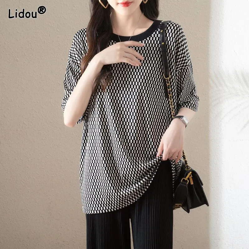 Pants Casual Oneck Broadcloth Oversize Loose Black White Plaid Tshirts Popularity Summer Women's Clothing Comfortable Fashion 2022