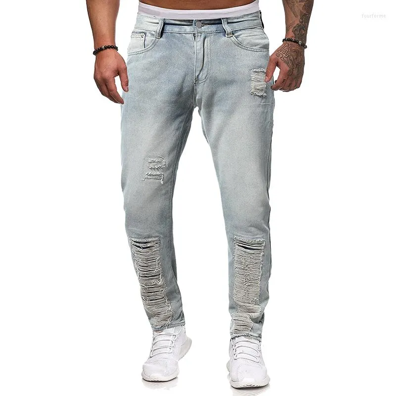 Men's Jeans 2023 Spring Fall High Quality Solid Color Mid-waist Zipper Fit Ripped Hip Hop Stretch Mens