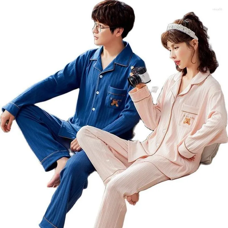 Vêtements de nuit pour femmes automne Couple pyjamas ensemble tricoté coton dessin animé à manches longues col rabattu M-3XL amoureux Homewear