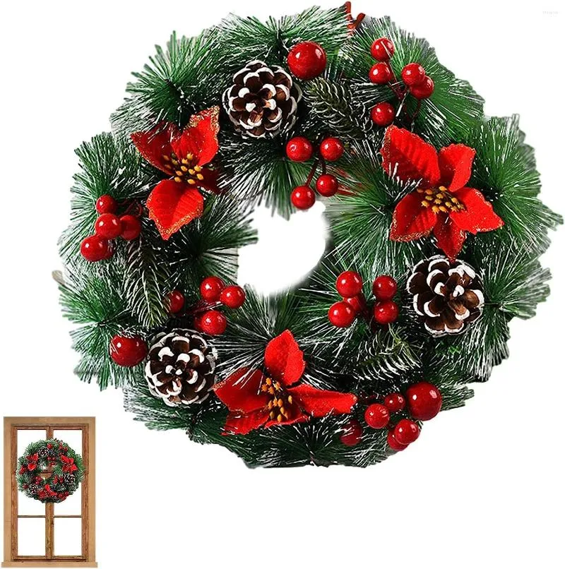 Decorative Flowers 2 Pcs Christmas Artificial Wreath - PreLit With Berries Pine Cones And Red Leaf | Handcrafted A