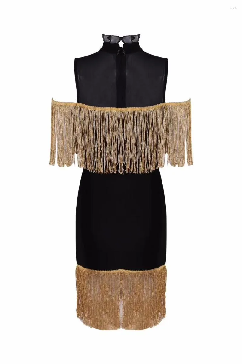 slim fit dress slacks 2022 New Arrivals Sexy Dresses Women Backless Halter Black Gold Mini Dress Party Tassel Summer Dress Club Wear Black / L