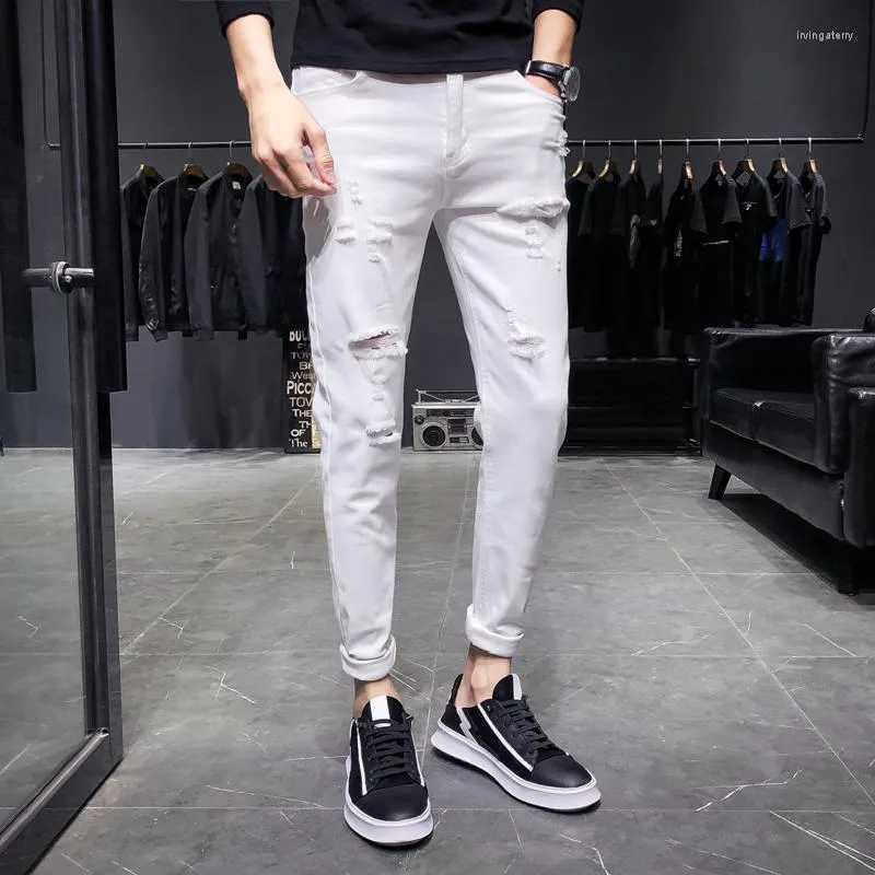 Jeans Masculino Estilo Branco Slim Fit Rasgado Moda Stretch Casual Homens Magros Calças Lápis Algodão Calças Jeans Masculino